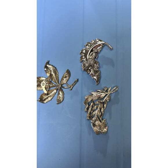 Vintage Lot 3 Leaf Branch Brooch Silvertone Goldstone, Enameled Rhinestone 2" - Picture 15 of 16